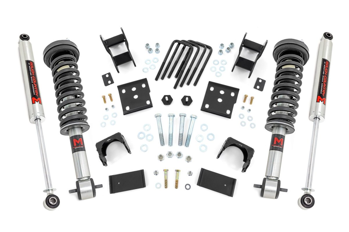 Ford F-150 Lowering Kit - Front + Rear - Rough Country - M1, 2 in Front Drop / 4 in Rear Drop, Front Struts + Rear Shocks - 4WD - '15-'25